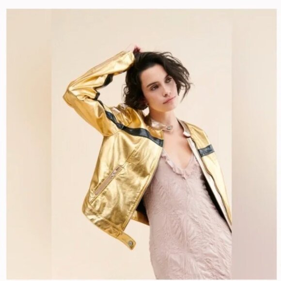 Free People Fast Lane Gold Metallic Vegan Leather Moto Coat Jacket sz S - Picture 1 of 12